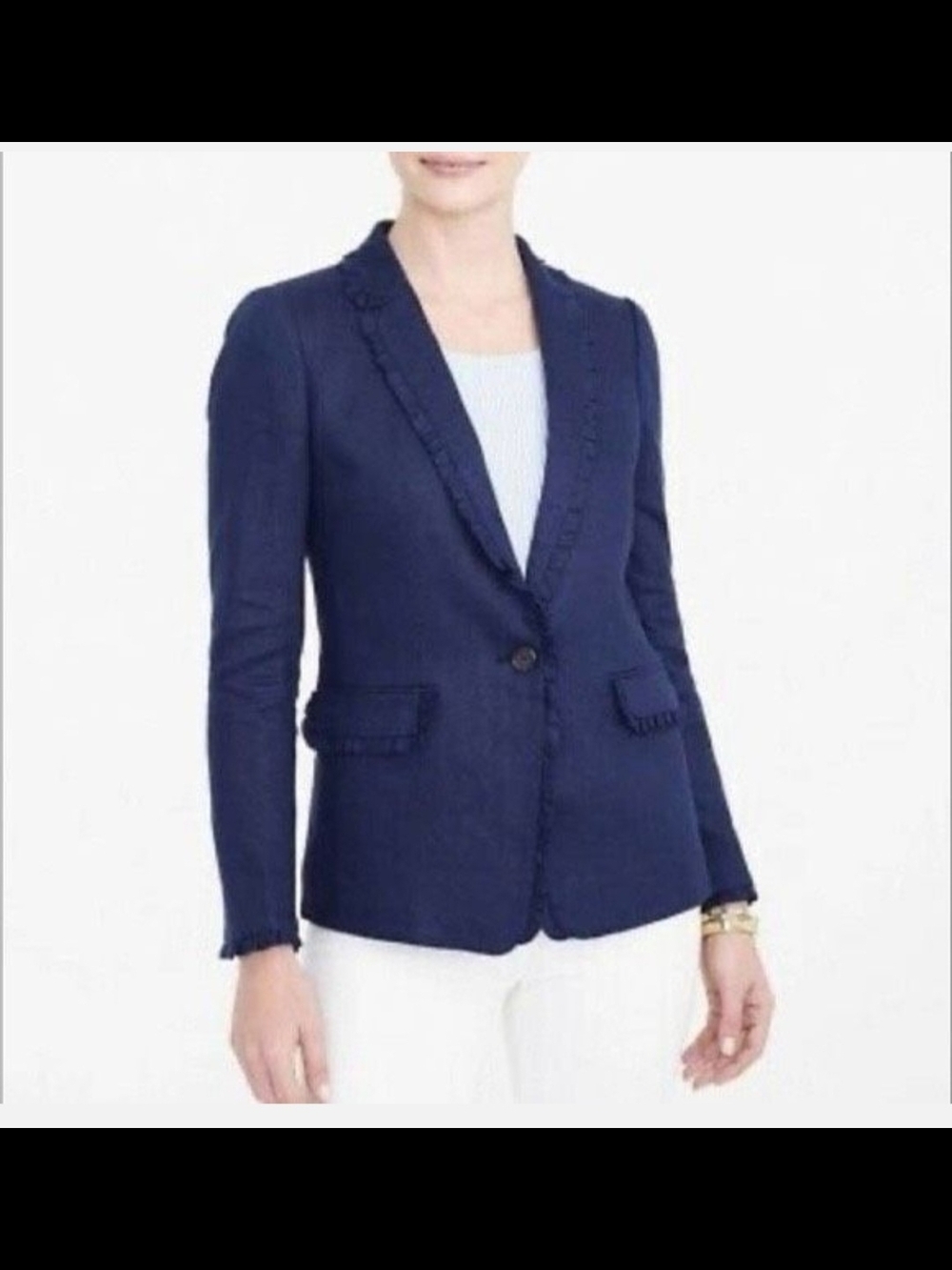 J.Crew NWT Navy Linen Blazer Ruffle Trim Feminine Chic Jacket Size 4 - Picture 2 of 7